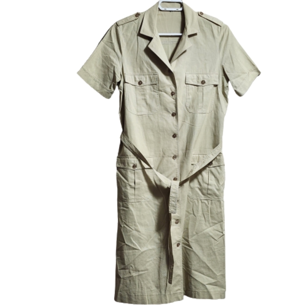 Long shirt short sleeves cotton dress with belt color kaki size medium